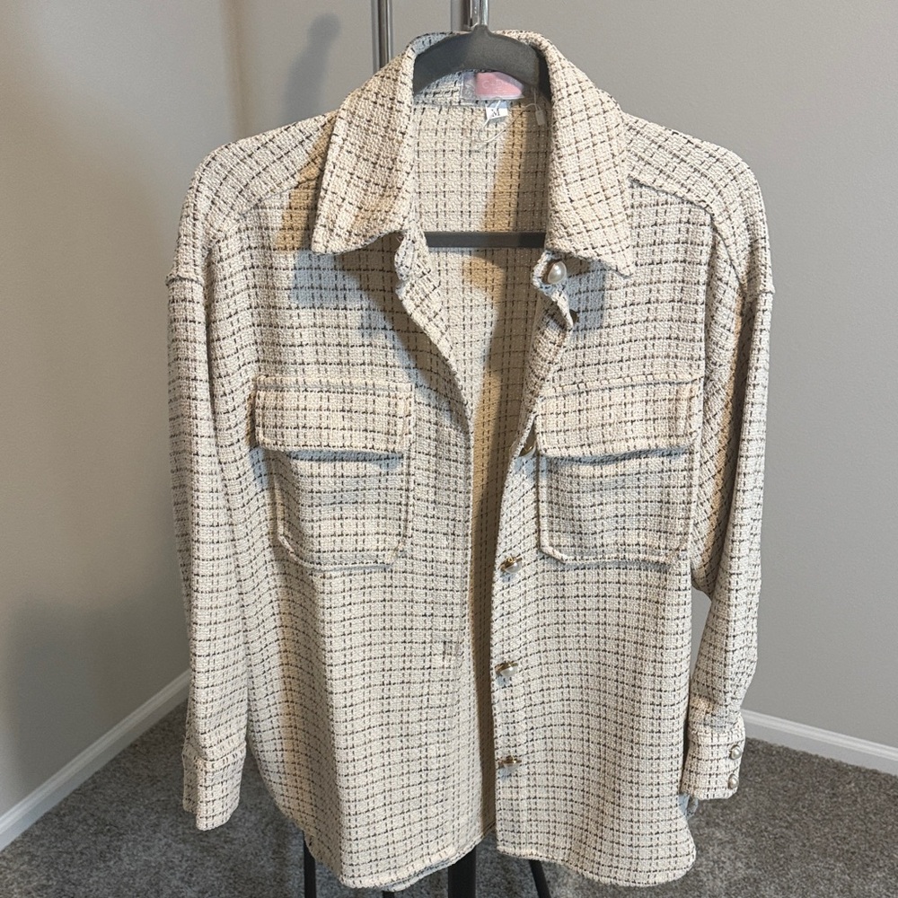 Cream and Black/Tan Checkered Button-Up Shirt